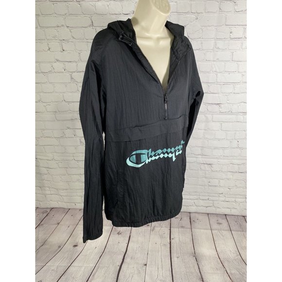 Champion Black Lightweight Half Zip Hooded Wind Breaker Zip Pockets Women’s L - Picture 2 of 9